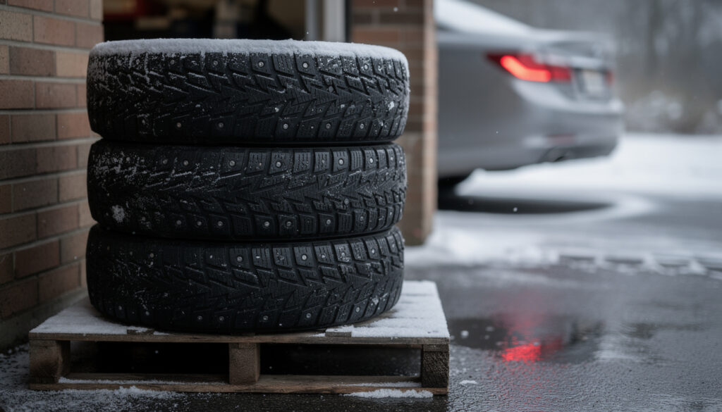 Nastarenkaita pinottuna puiselle kuormalavalle autokatoksen vieressä talvisella pihalla.