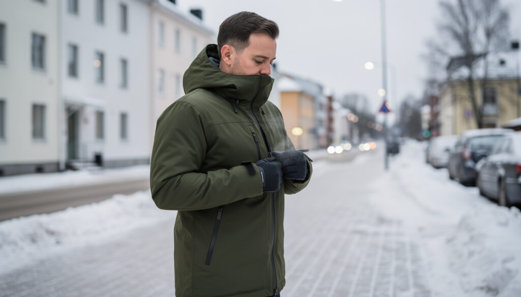 Mies vihreässä talviparkatakissa seisoo lumisella kävelykadulla ja säätää takkinsa vetoketjua.
