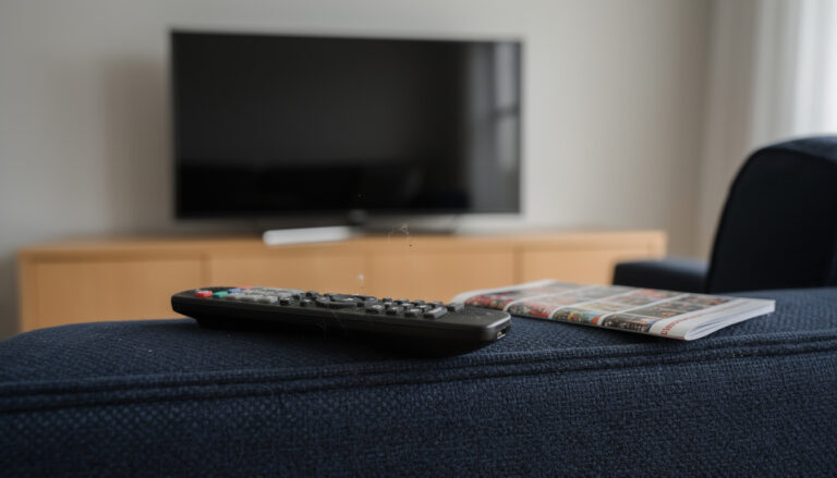 Kaukosäädin ja lehtinen tummansinisen sohvan käsinojalla, taustalla sammutettu televisio tason päällä.