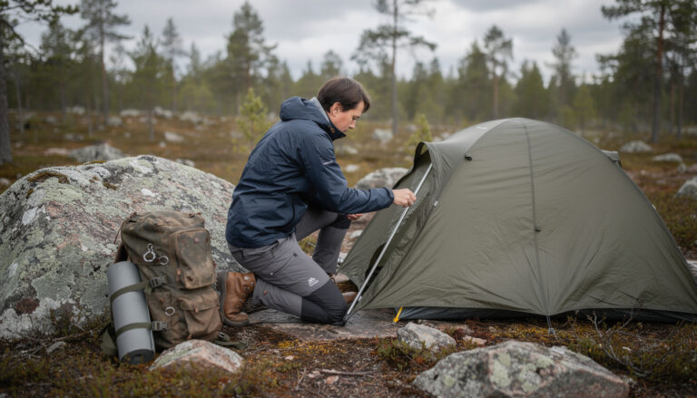 Retkeilijä pystyttää vihreää kupolitelttaa kallioisessa maastossa pohjoisessa mäntymetsässä.