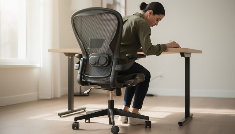 Nainen istuu ergonomisella työtuolilla työpöydän ääressä valoisassa huoneessa.