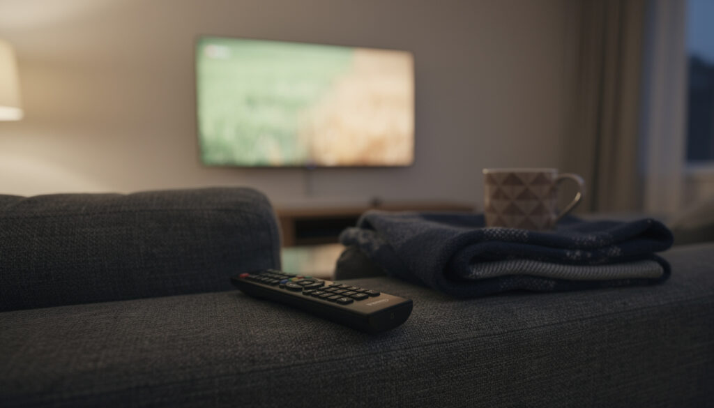 Kaukosäädin, sininen viltti ja keraaminen muki sohvan käsinojalla olohuoneessa, taustalla epätarkka televisioruutu.