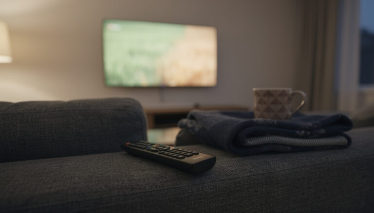 Kaukosäädin, sininen viltti ja keraaminen muki sohvan käsinojalla olohuoneessa, taustalla epätarkka televisioruutu.