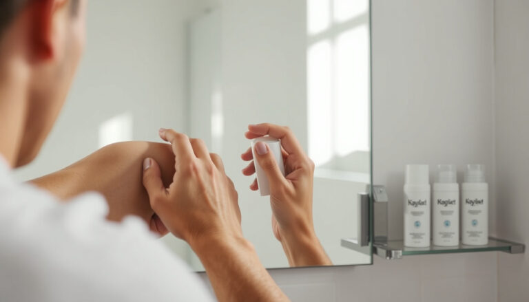 Henkilö laittoa roll-on-deodoranttia kainaloon aamulla kylpyhuoneen peilin edessä, hyllyllä muutama bränditön deodoranttipullo