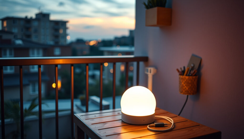 Johdoton ladattava LED-pöytävalaisin lämpimässä valossa parvekkeen pöydällä, latauskaapeli vieressä