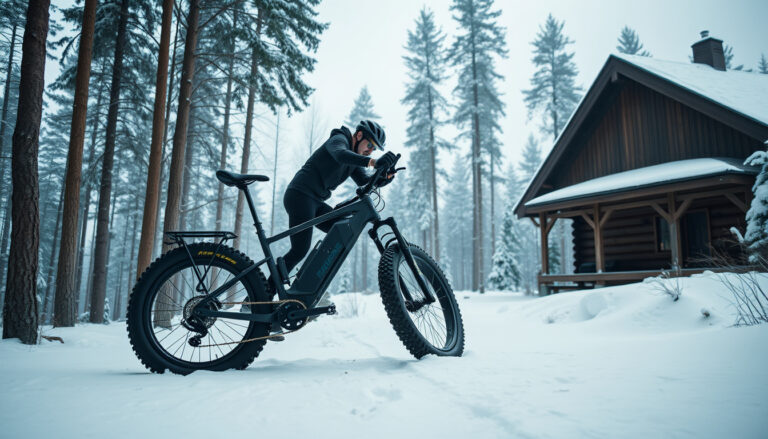 Sähköfatbike leveillä renkailla lumisella metsäpolulla, ajaja säätää satulaa talvisessa maisemassa