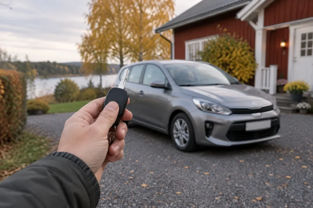 Auton avain kädessä ja henkilöauto kotipihalla