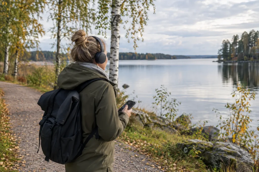 Kuulokkeilla kuunteleva ulkoilija järvenrantapolulla