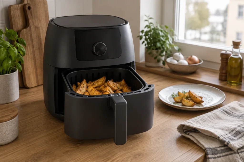 Airfryer ja perunalohkoja avoimessa paistokorissa