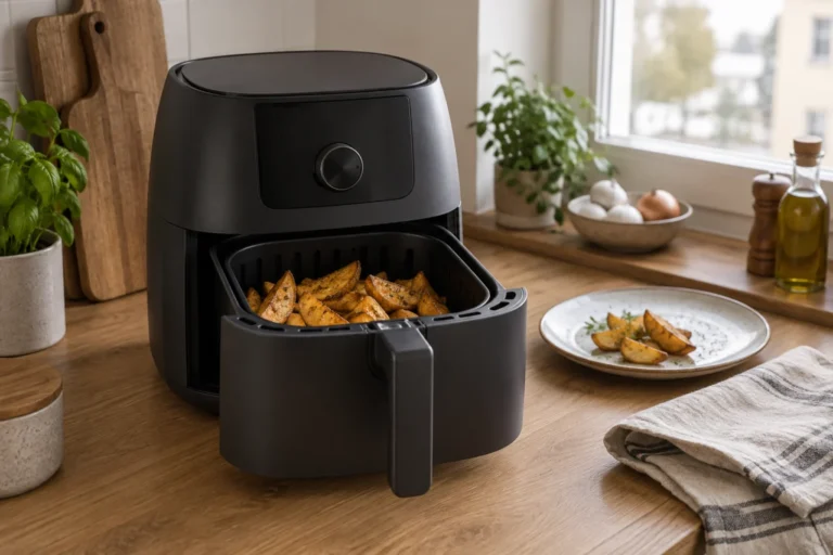 Airfryer ja perunalohkoja avoimessa paistokorissa
