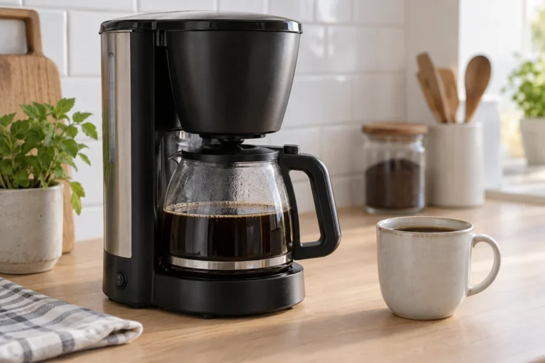 Suodatinkahvinkeitin ja kahvikuppi keittiön tasolla