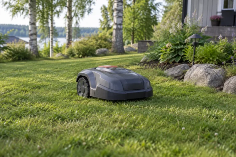 Robottiruohonleikkuri puutarhan nurmikolla.