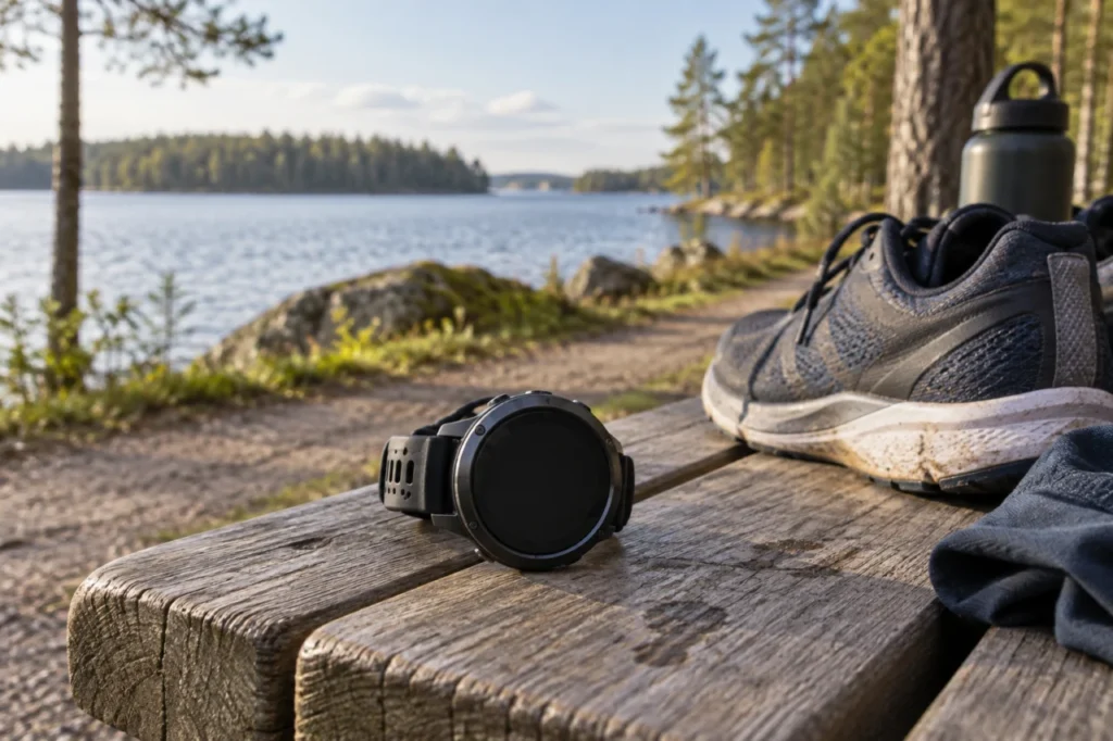 Urheilukello juoksuvarusteiden vieressä.