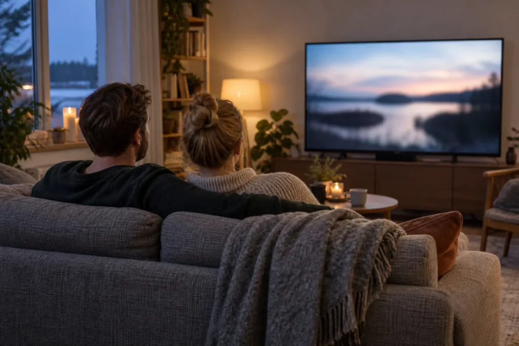 Kaksi katsojaa television äärellä olohuoneessa