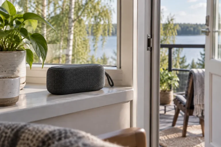 Pieni langaton kaiutin ikkunalaudalla.