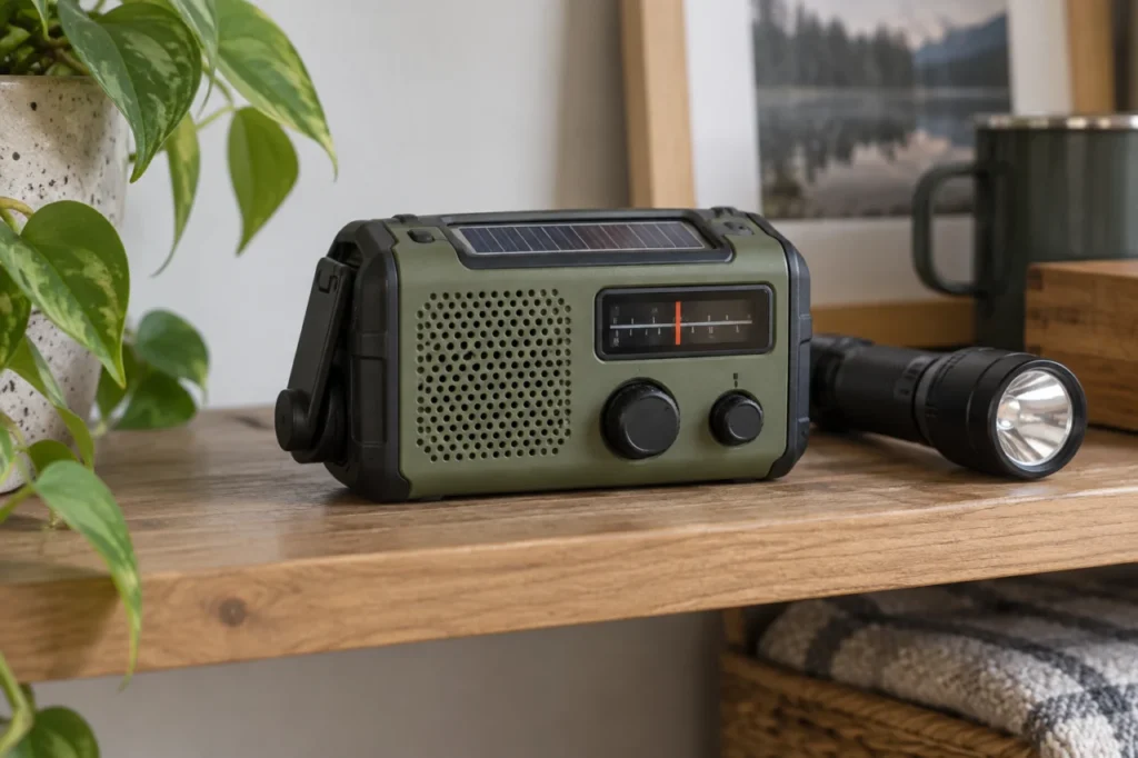 Hätäradio ja taskulamppu hyllyllä.