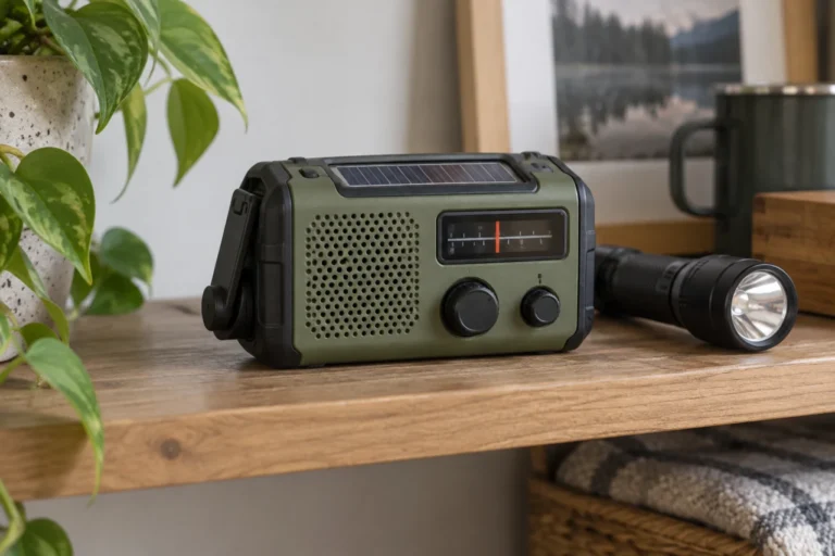 Hätäradio ja taskulamppu hyllyllä.