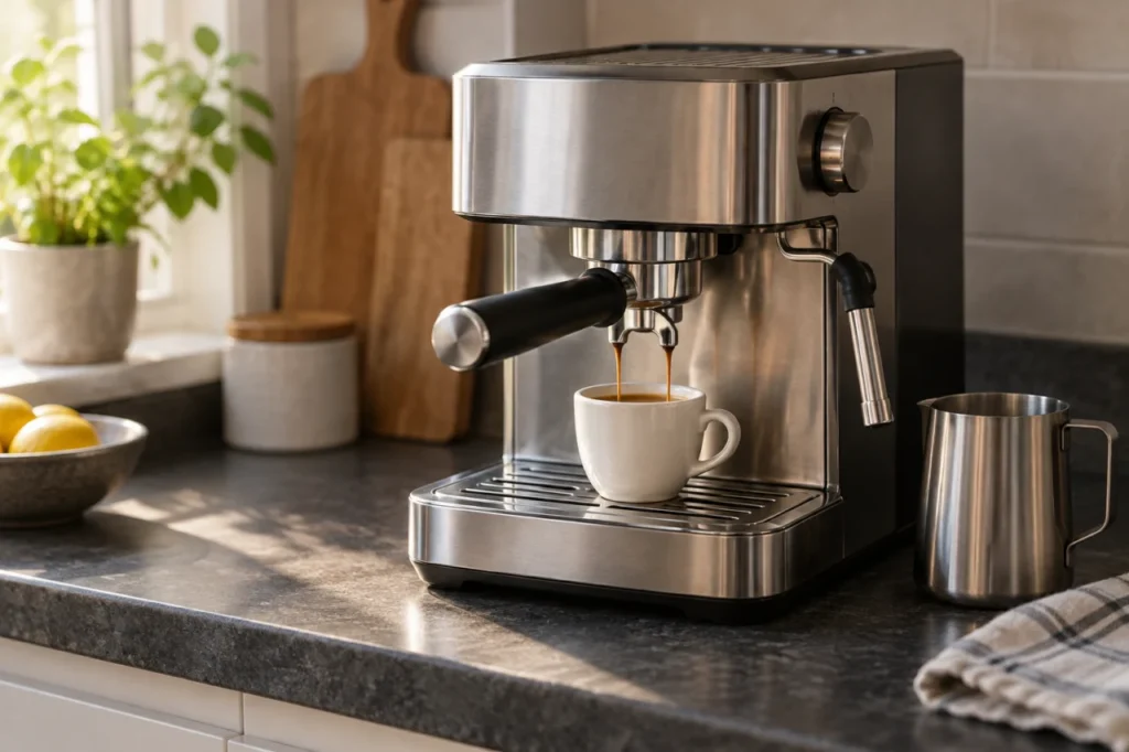 Espressokone, espressokuppi ja maitokannu kotikeittiössä