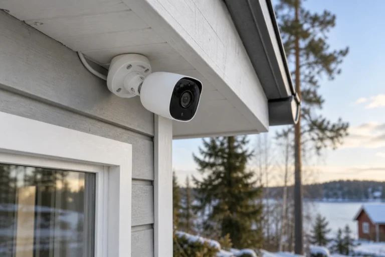 Valvontakamera talon ulkoseinässä.