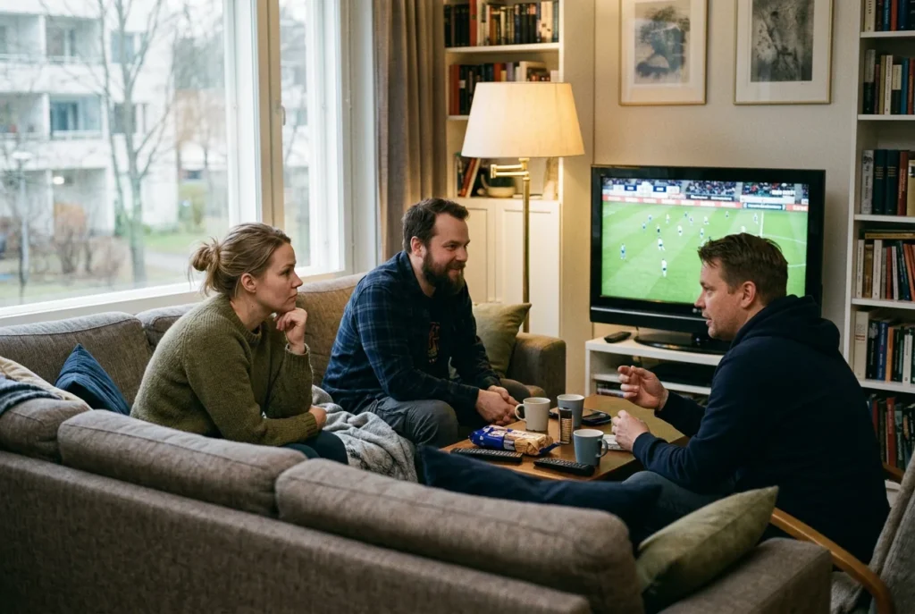Ystävät seuraavat jalkapalloa televisiosta yhdessä.