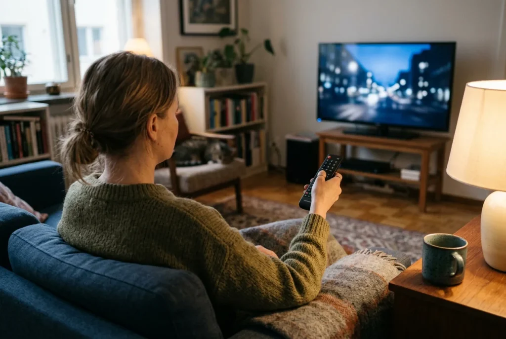 Katsoja valitsee televisio-ohjelmaa kaukosäätimellä olohuoneessa.