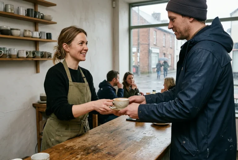 Barista ojentaa kahvikupin asiakkaalle kahvilassa.