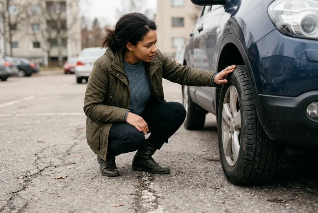 Autonostaja tarkastelee käytetyn auton rengasta.