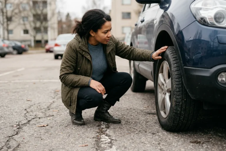 Autonostaja tarkastelee käytetyn auton rengasta.
