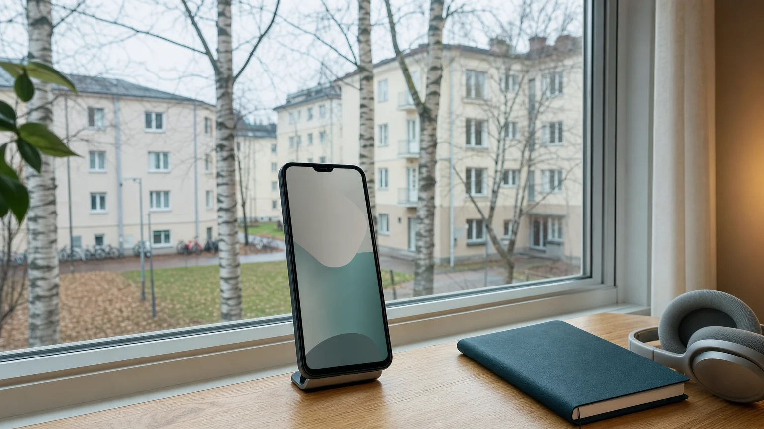 Älypuhelin ja kuulokkeet työpöydällä asunnon ikkunan vieressä.