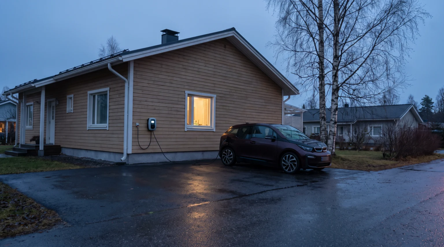 Sähköauto kytkettynä kotilaturiin suomalaisen pientalon pihassa hämärällä.