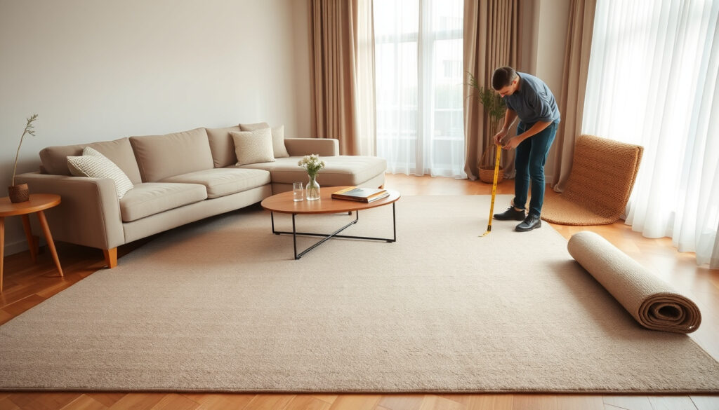 Iso matto olohuoneen lattialla sohvan ja sohvapöydän alla, vieressä rullattu matto ja mittanauha